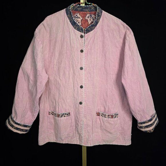 Vtg 70s Reversible Indian Cotton Toggle Jacket/Coat with Leaf Print - Picture 8 of 10